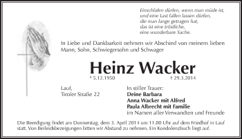 Traueranzeige von Heinz Wacker von Pegnitz-Zeitung